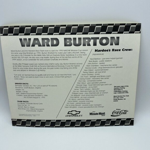 Ward Burton 8x10 Photo - 1995 Hardee’s Racing Nascar Winston Cup - Picture 4 of 9